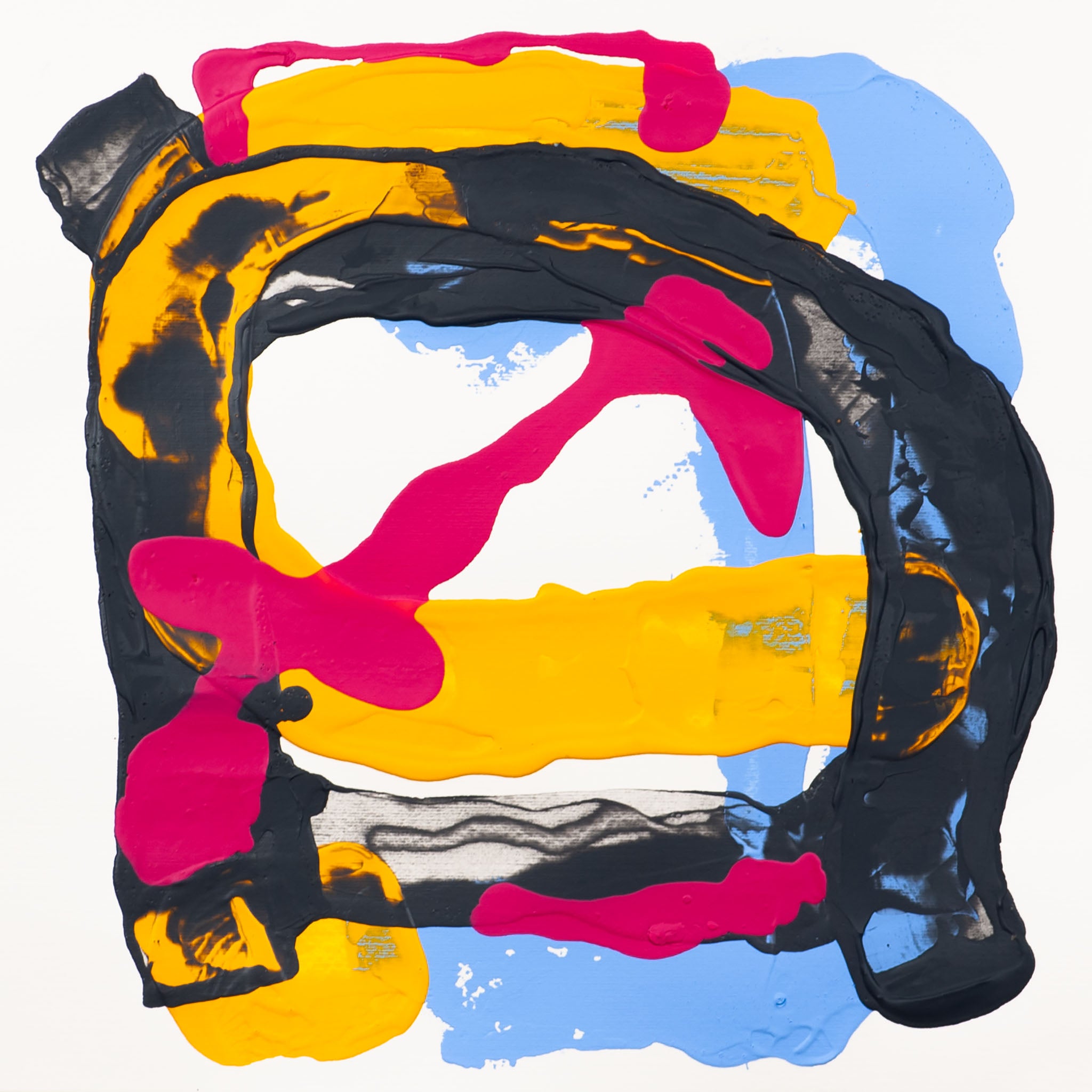 Abstract painting on 400gsm Fabriano Pittura paper with black circular form layered over yellow bands with blue ground and pink shapes on a white background