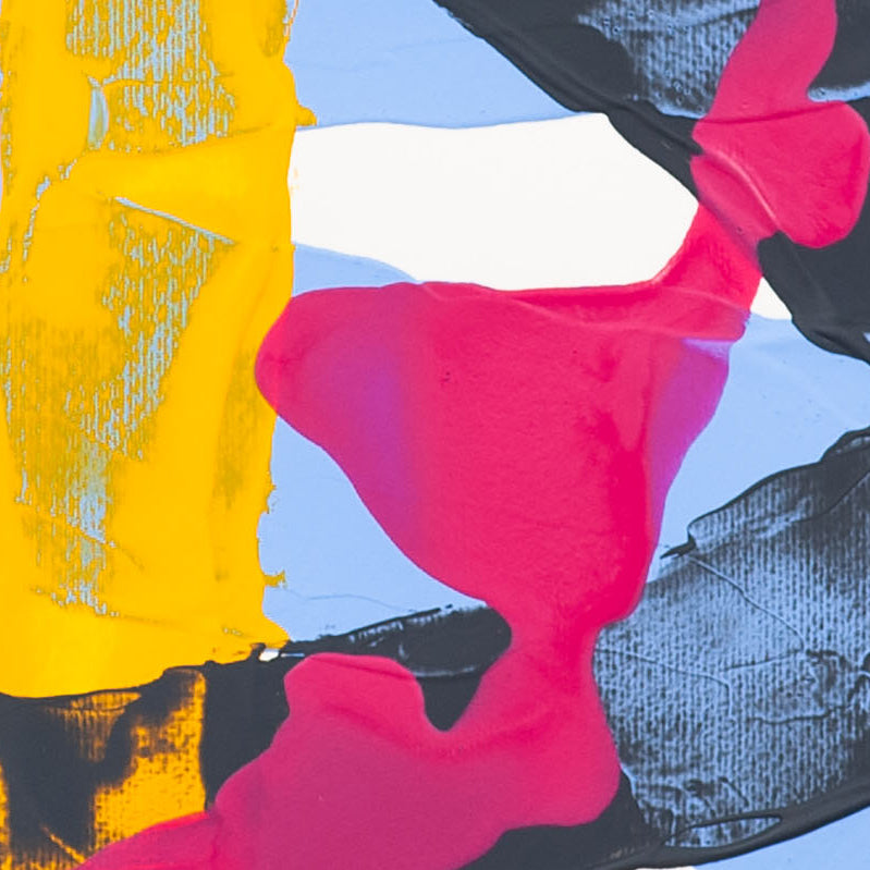 Detail of abstract painting on 400gsm paper showing pink paint interacting with yellow band and light blue area with visible texture