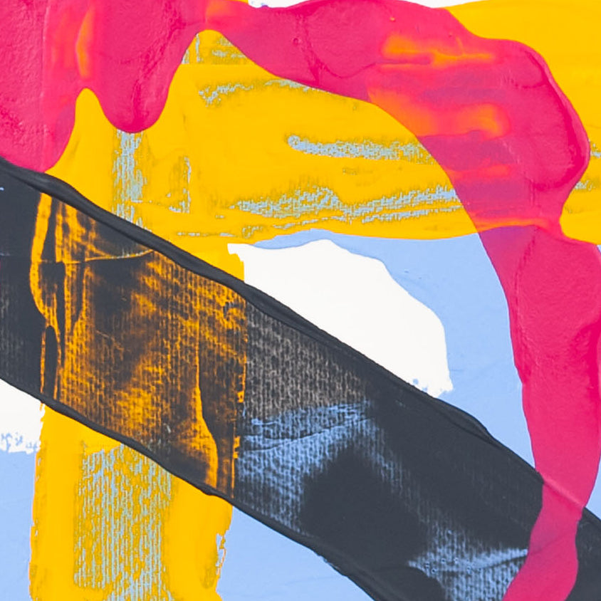 Close-up of abstract painting on 400gsm Fabriano paper featuring diagonal black stroke layered over yellow band beneath pink paint