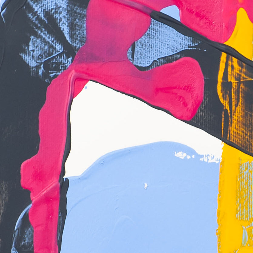 Detail of abstract painting on 400gsm paper with pink vertical form crossing black and blue areas with visible surface texture