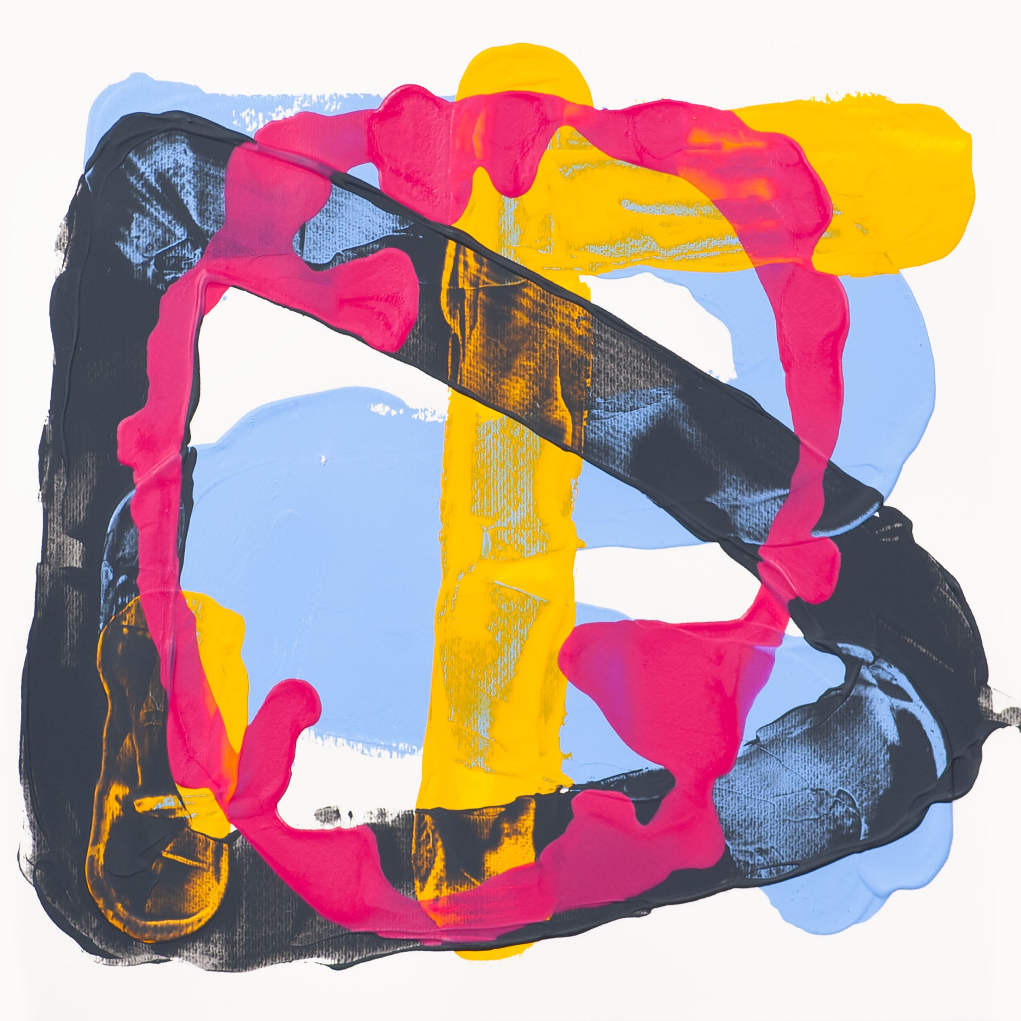 Abstract painting on 400gsm Fabriano Pittura paper with pink looping form surrounding diagonal black structure over vertical yellow band with blue ground on a white background