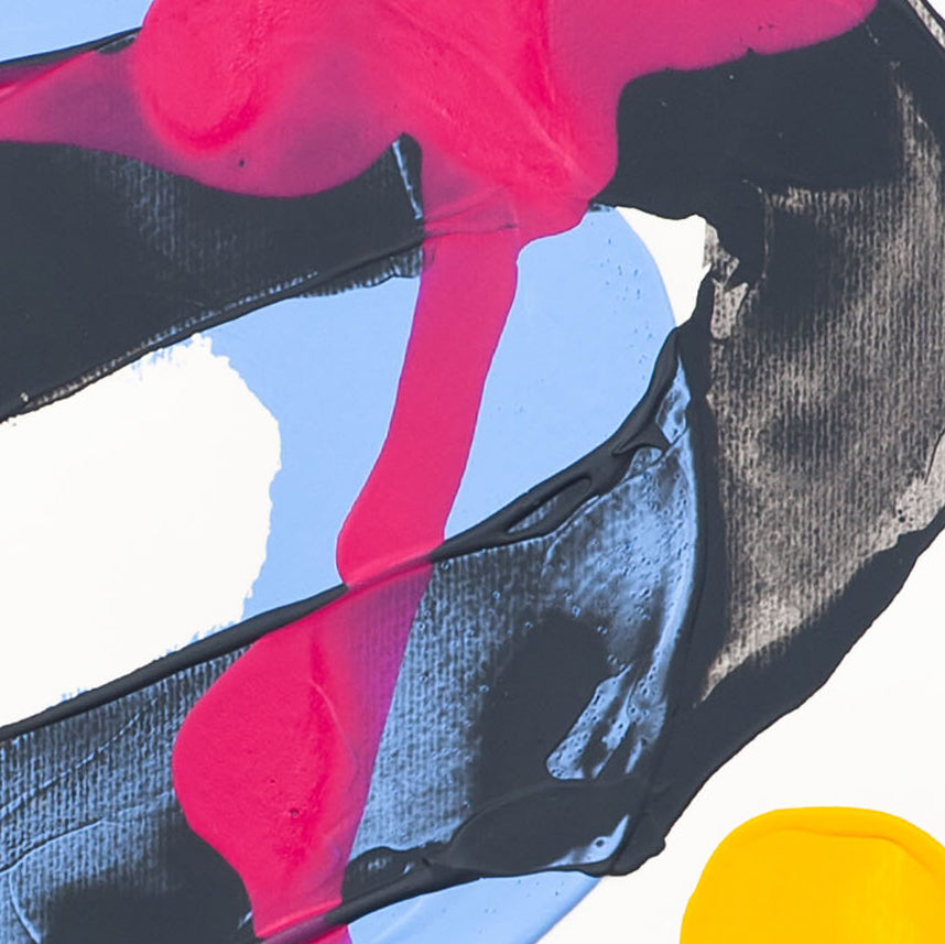 Detail of abstract painting on 400gsm paper showing pink paint flowing over textured black stroke with blue and white areas