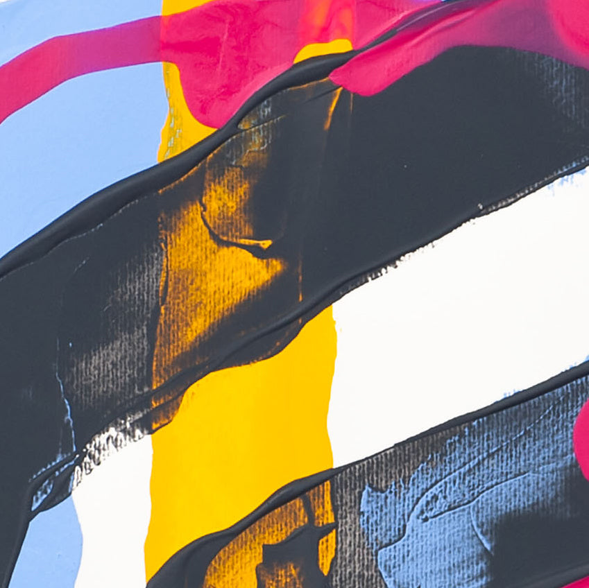 Close-up of abstract painting on 400gsm Fabriano paper featuring black diagonal stroke crossing a vertical yellow band with visible texture