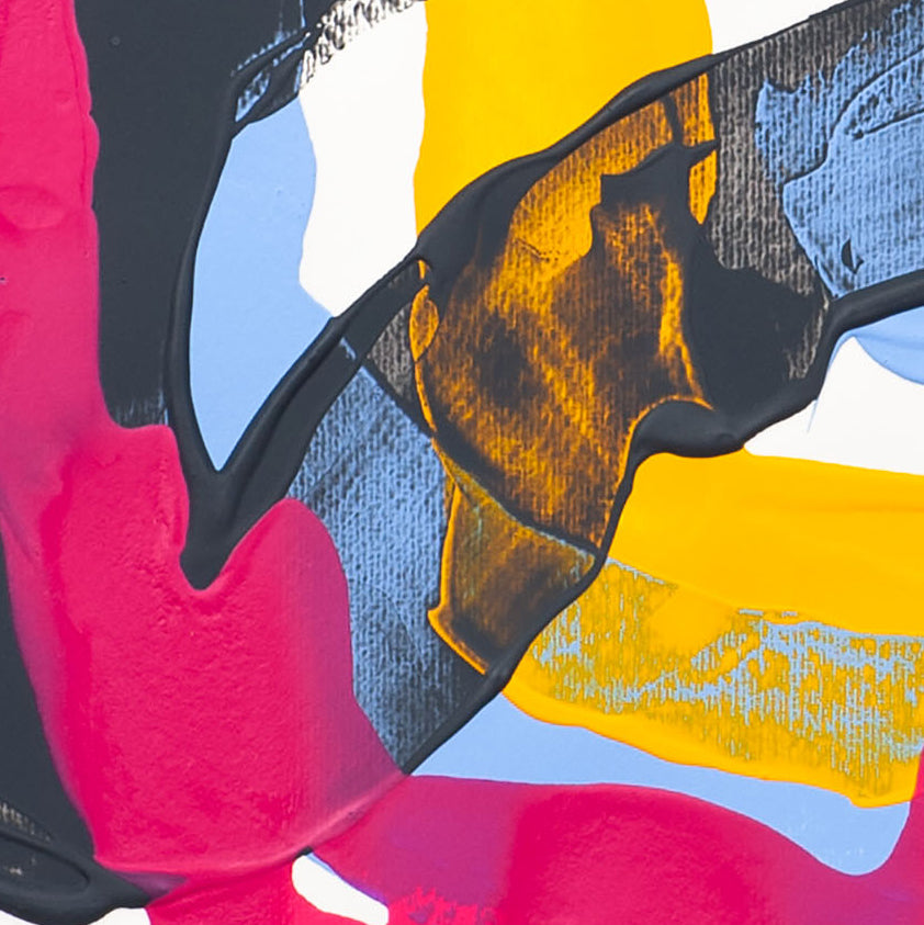 Detail of abstract painting on 400gsm paper with pink form layered against black and yellow areas with visible surface texture