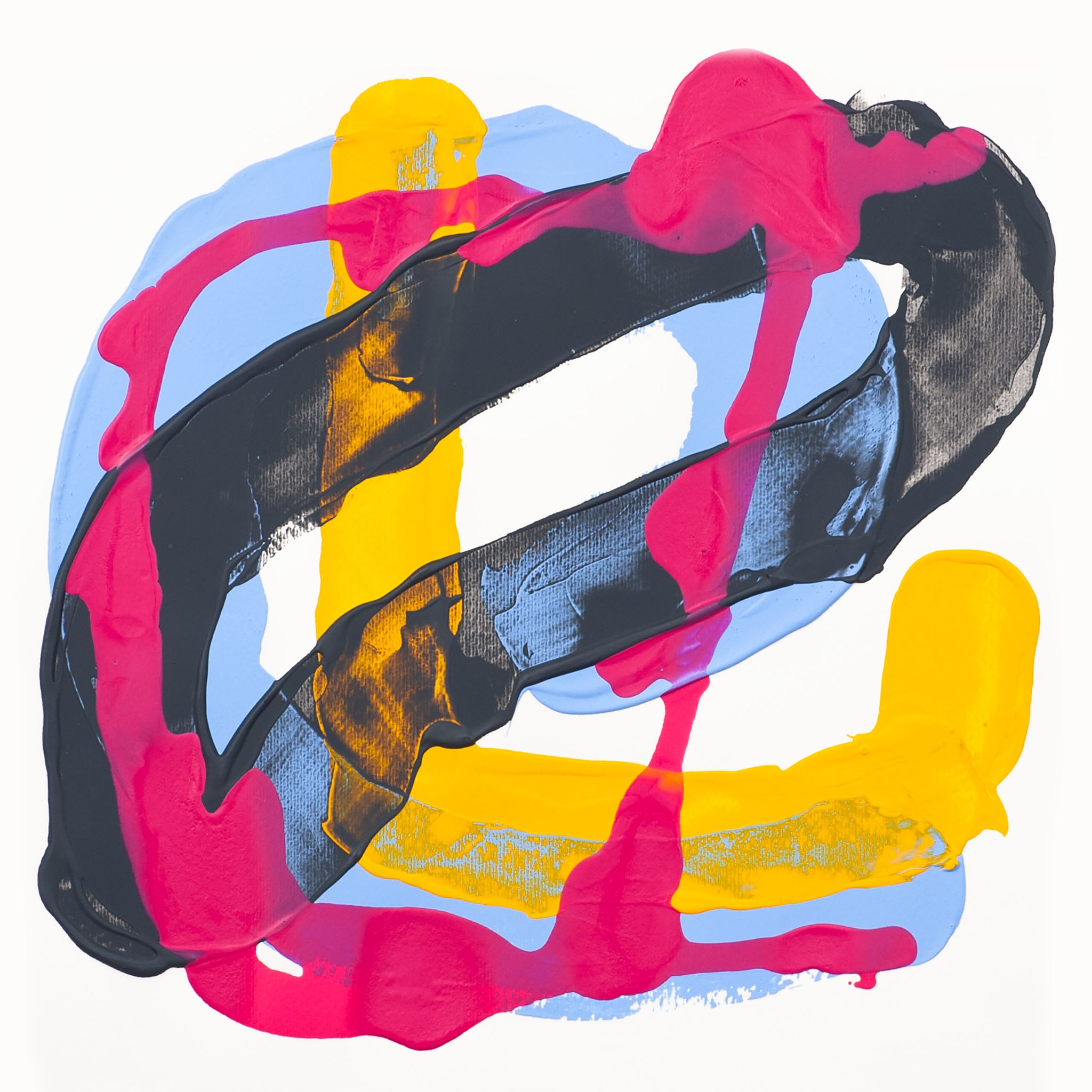 Abstract painting on 400gsm Fabriano Pittura paper with sweeping black form over vertical yellow band and soft blue shapes, intersected by pink flowing lines on a white background