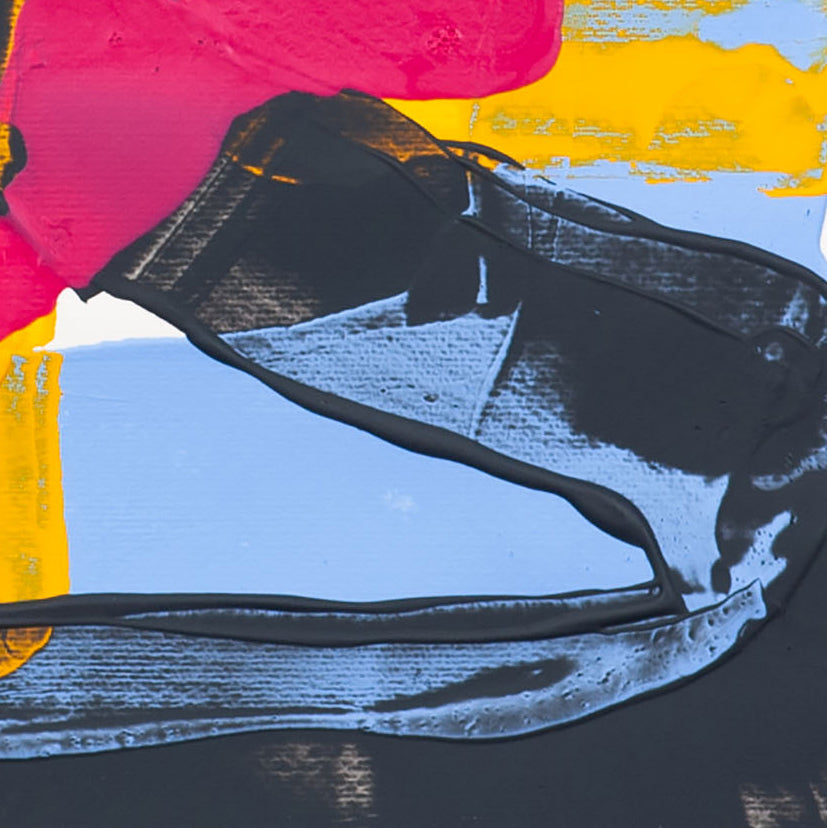 Detail of abstract painting on 400gsm paper showing textured black brushstroke over soft blue background with pink paint above