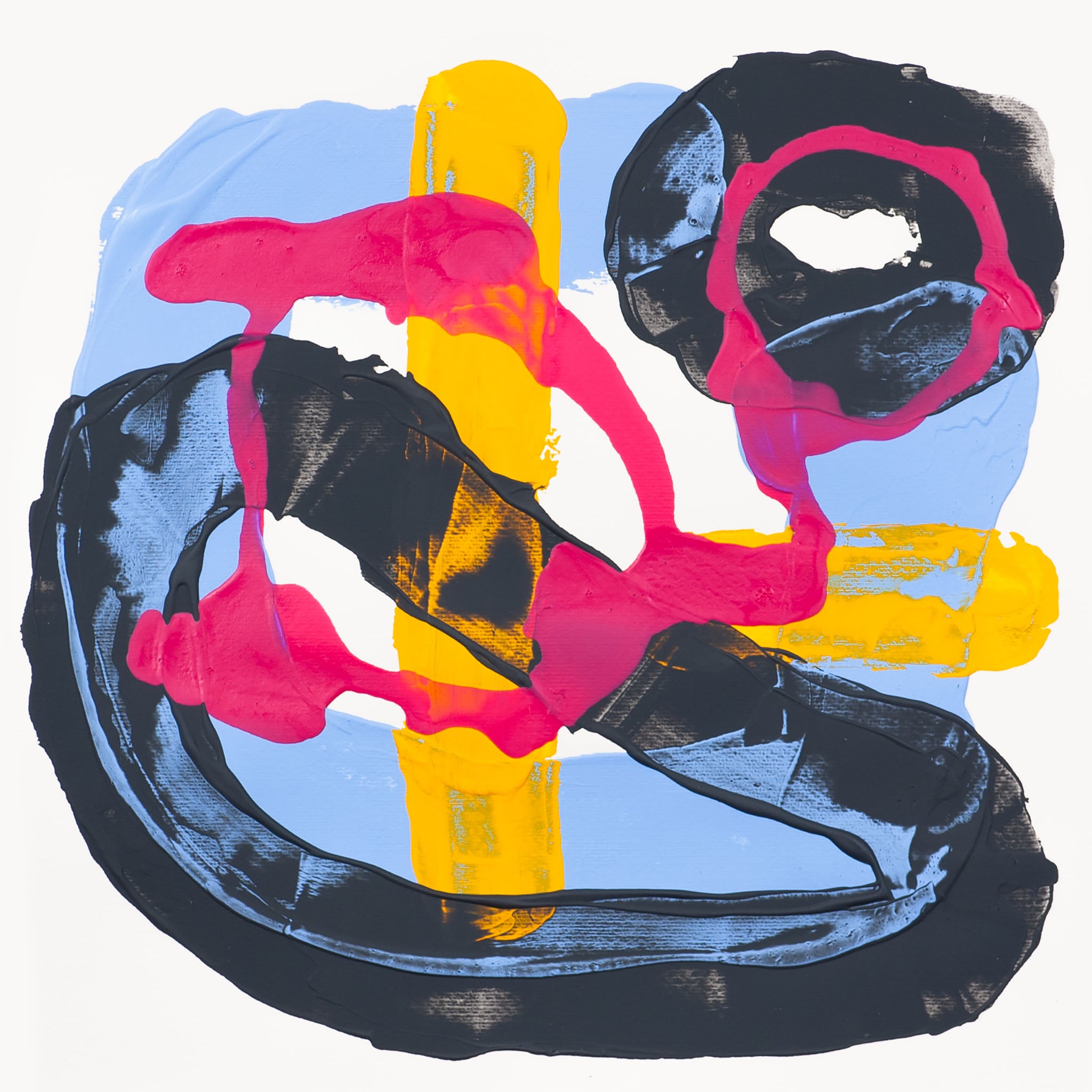 Abstract painting on 400gsm Fabriano Pittura paper with bold black sweeping form, central yellow vertical band, soft blue background shapes, and flowing pink lines on a white background