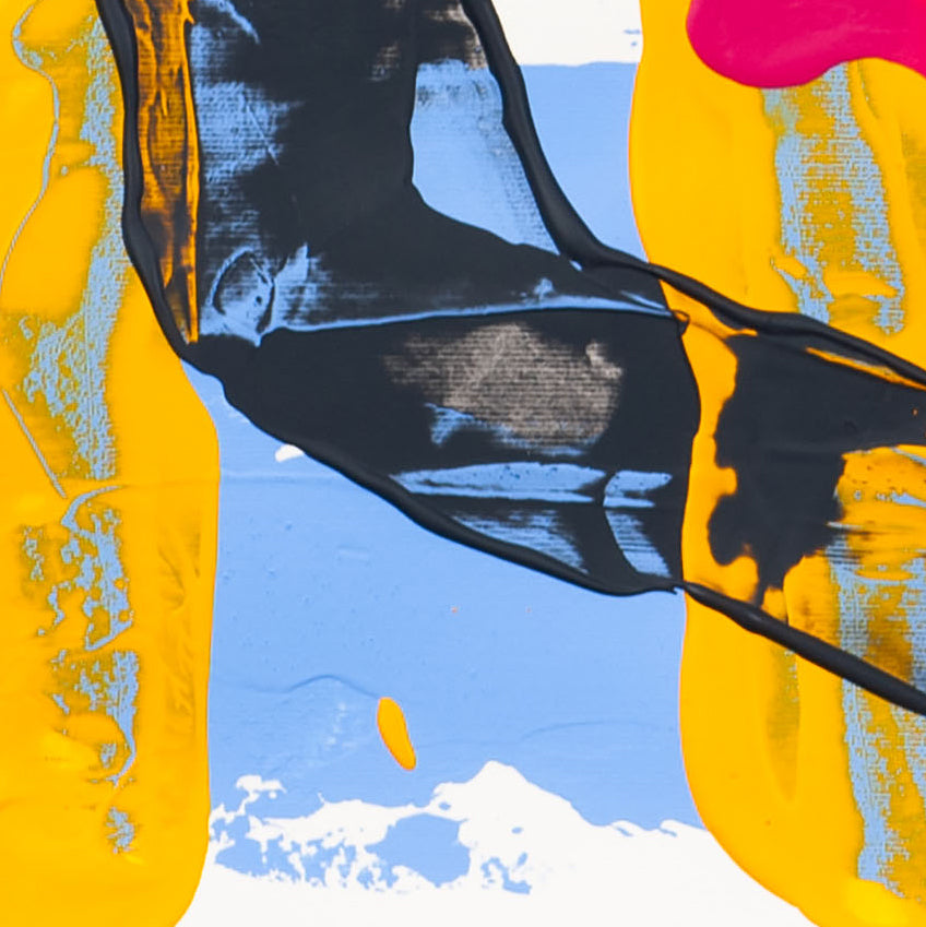 Detail of abstract painting on 400gsm paper showing textured black brushstroke crossing yellow and blue painted areas