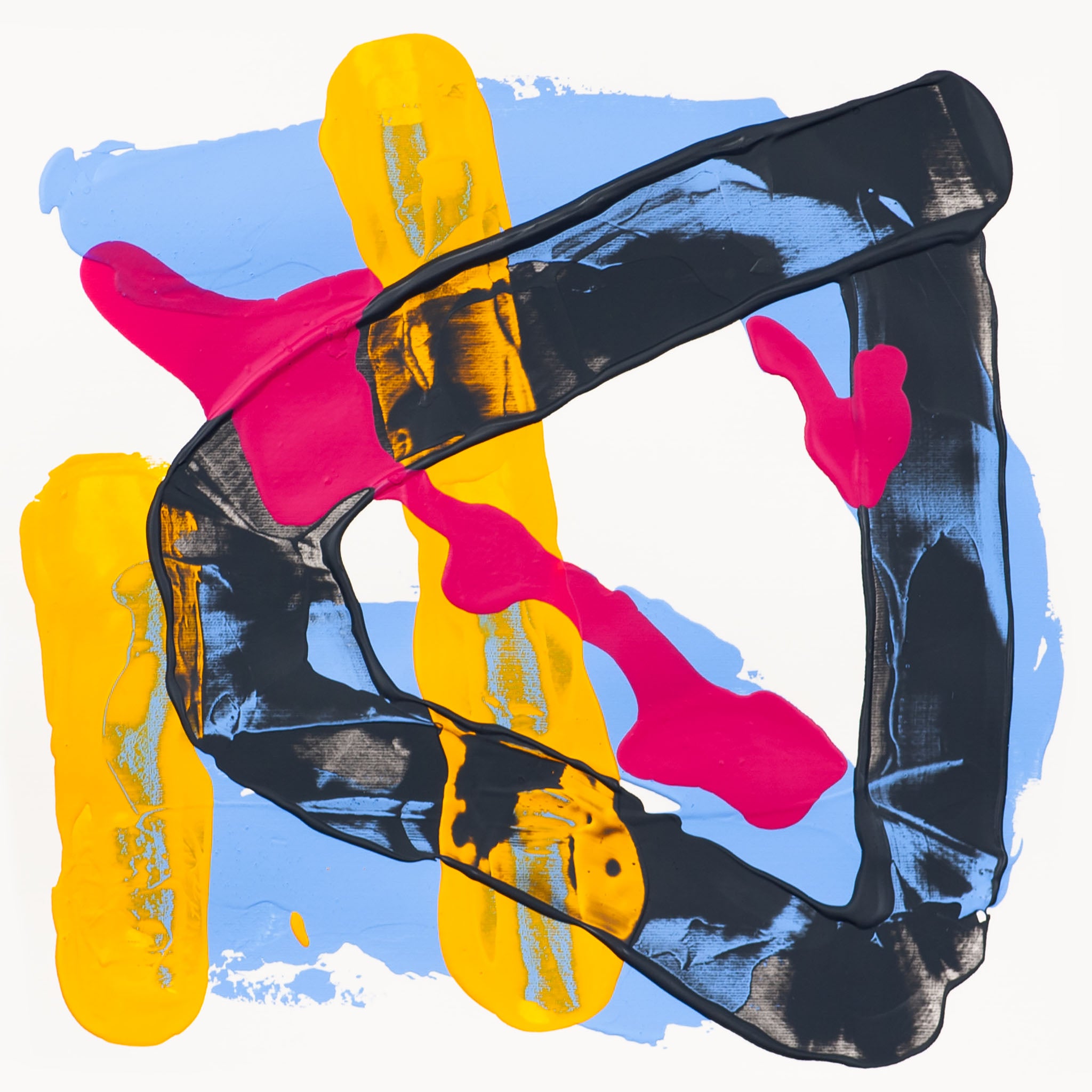 Abstract painting on 400gsm Fabriano Pittura paper with bold black looping form, bright yellow vertical shapes, soft blue background, and flowing pink lines on a white background