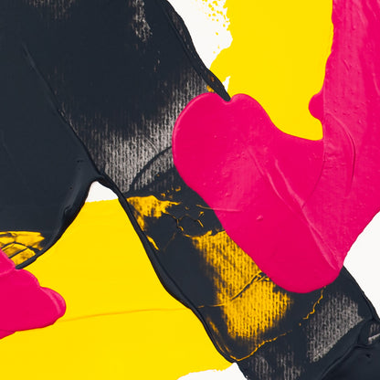 Detail of abstract painting showing textured black and pink acrylic layers with yellow accents on paper