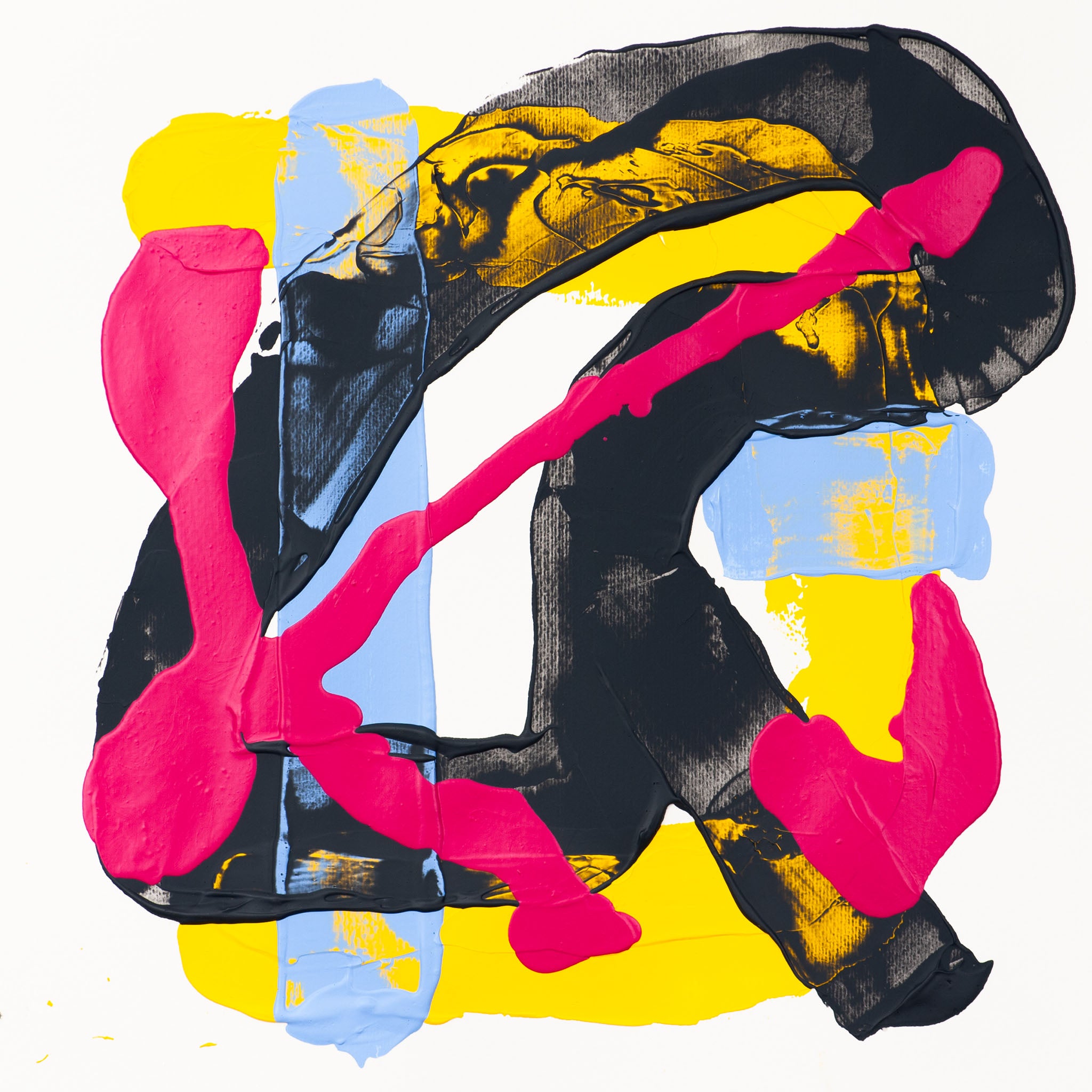 Original abstract painting on paper by Bernie Wong, bold composition in black, pink, yellow and blue, 40x40 cm
