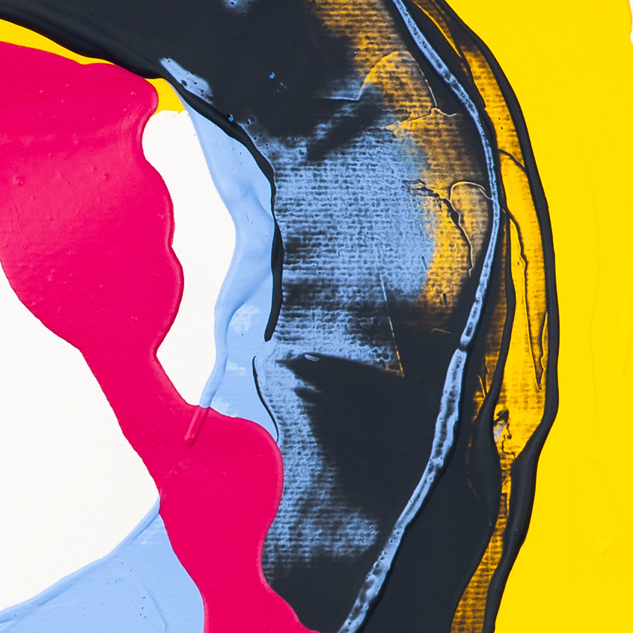 Detail of abstract painting showing textured black and blue acrylic layers with pink paint on yellow background