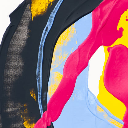 Macro detail of abstract painting featuring layered black, pink and blue paint with visible texture on paper