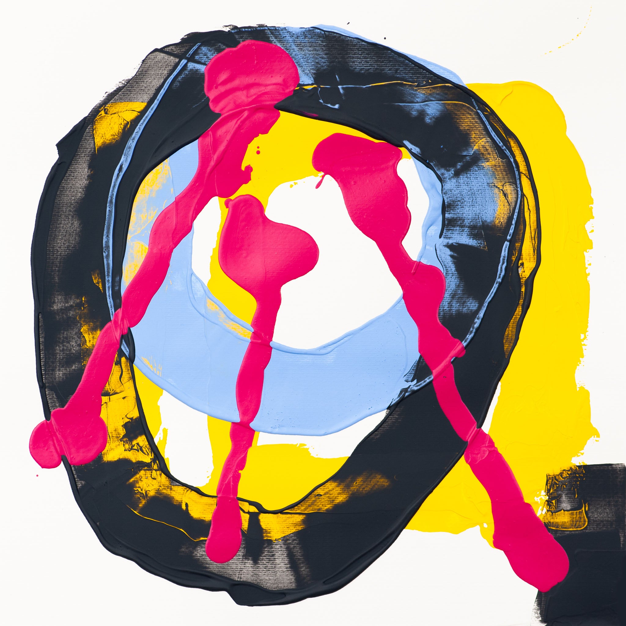 Original abstract painting on paper by Bernie Wong, circular composition in black, pink, yellow and blue, 40x40 cm