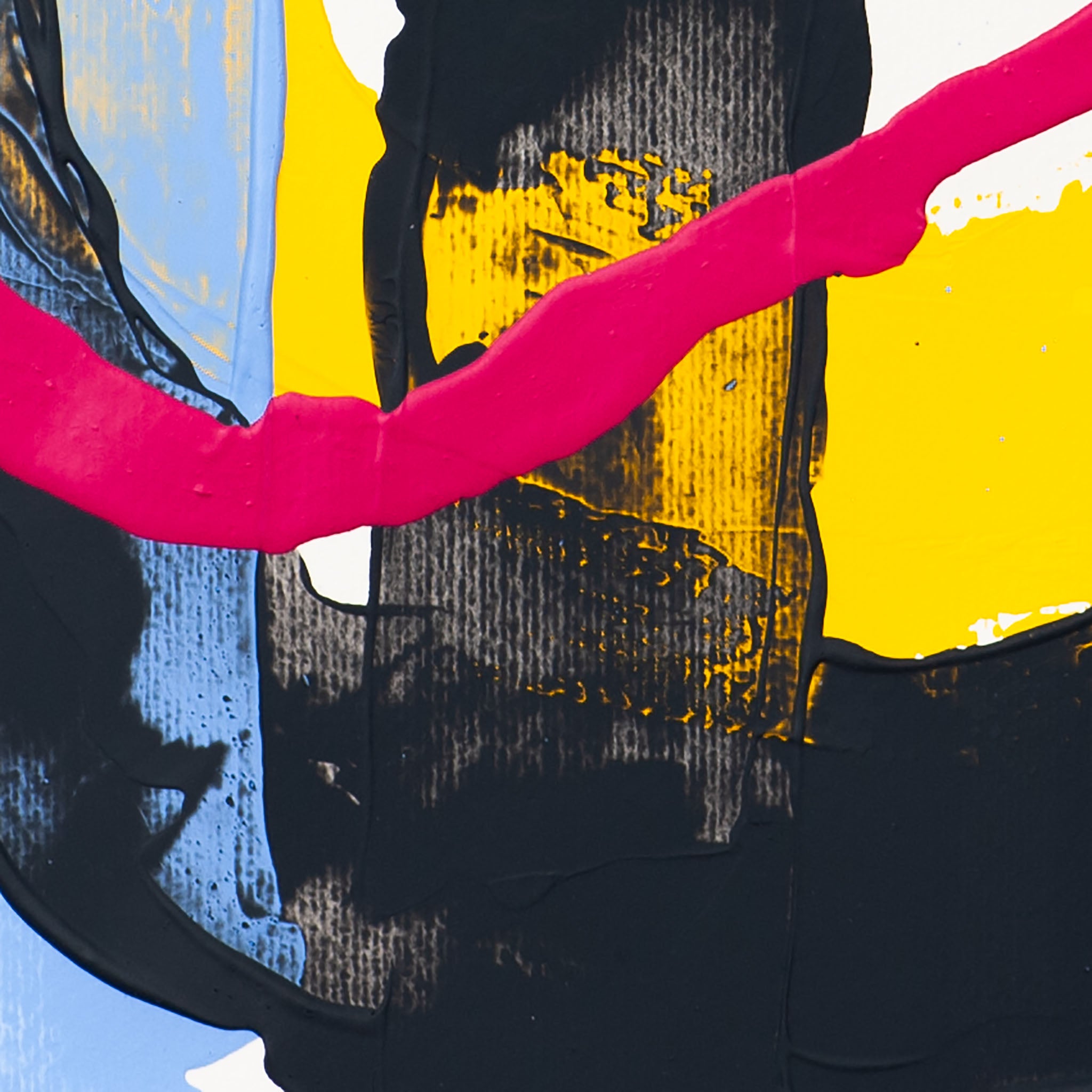 Detail of abstract painting showing textured black and yellow acrylic layers with pink brushstroke on paper