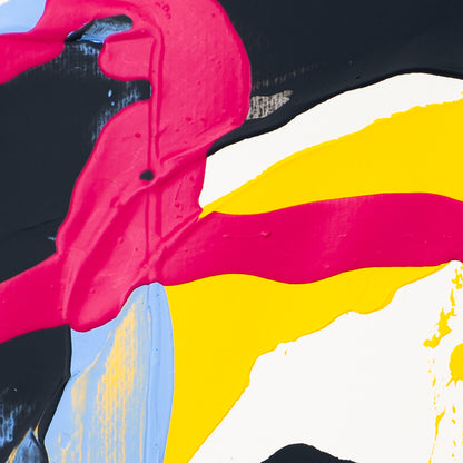 Macro detail of abstract painting featuring pink brushstroke crossing black and yellow paint with visible texture