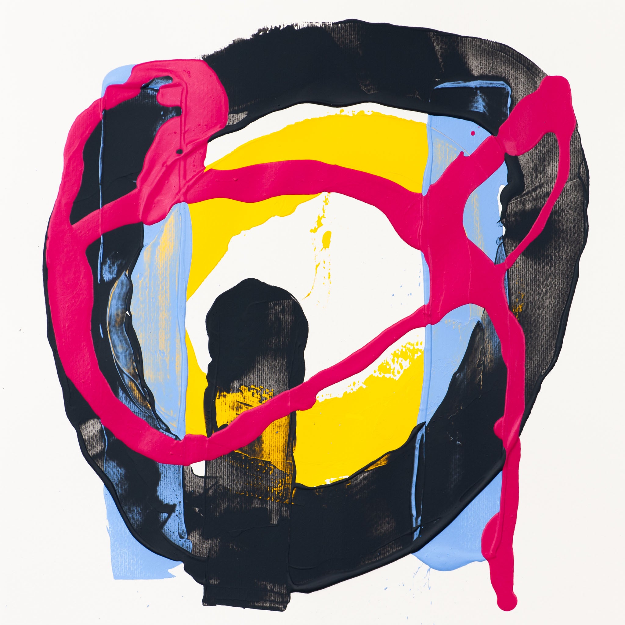 Original abstract painting on paper by Bernie Wong, bold circular composition in black, pink, yellow and blue, 40x40 cm
