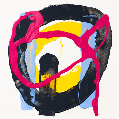 Original abstract painting on paper by Bernie Wong, bold circular composition in black, pink, yellow and blue, 40x40 cm