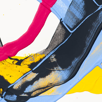 Detail of abstract painting showing thick black texture with pink stroke and yellow accents on white background