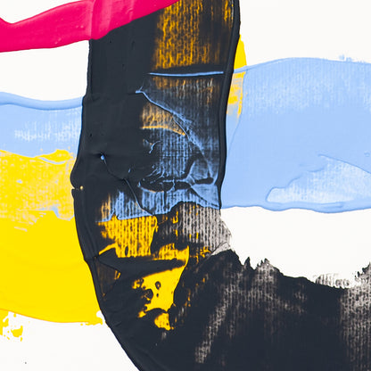 Detail of abstract painting showing black textured surface with yellow accents and soft blue layer on white background
