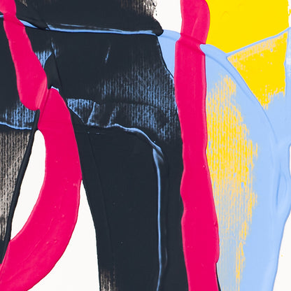 Close-up of abstract painting with vertical pink lines over black texture, with blue and yellow areas