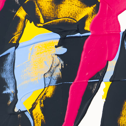 Detail of abstract painting featuring pink stroke over black and blue layers with bright yellow highlights