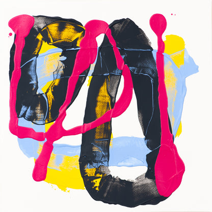 Original abstract painting with bold pink lines over black textured forms, layered with blue and yellow on a white background