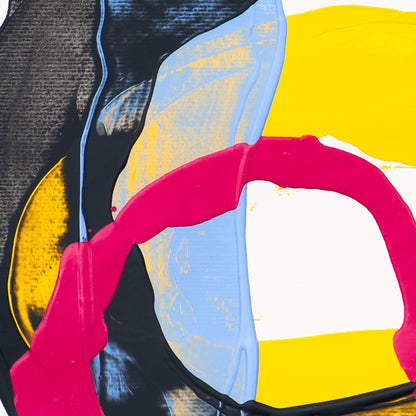 Detail of abstract painting with curved pink loop intersecting blue vertical shape and yellow background with black paint layering