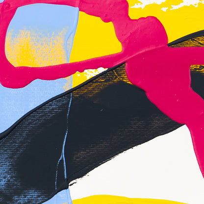 Close-up of abstract painting featuring thick pink horizontal stroke over black textured area with yellow and blue layers beneath