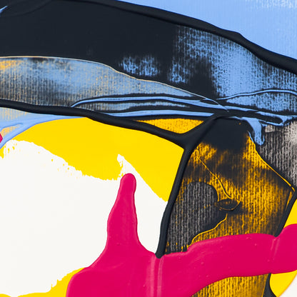 Close-up of abstract painting showing black textured forms with blue layering and bright yellow area with pink accent
