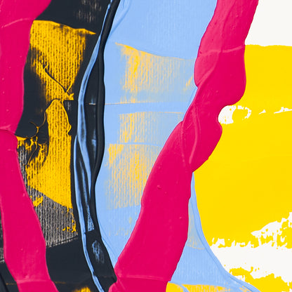 Detail of abstract painting featuring vertical pink lines over blue and black textures with yellow highlights
