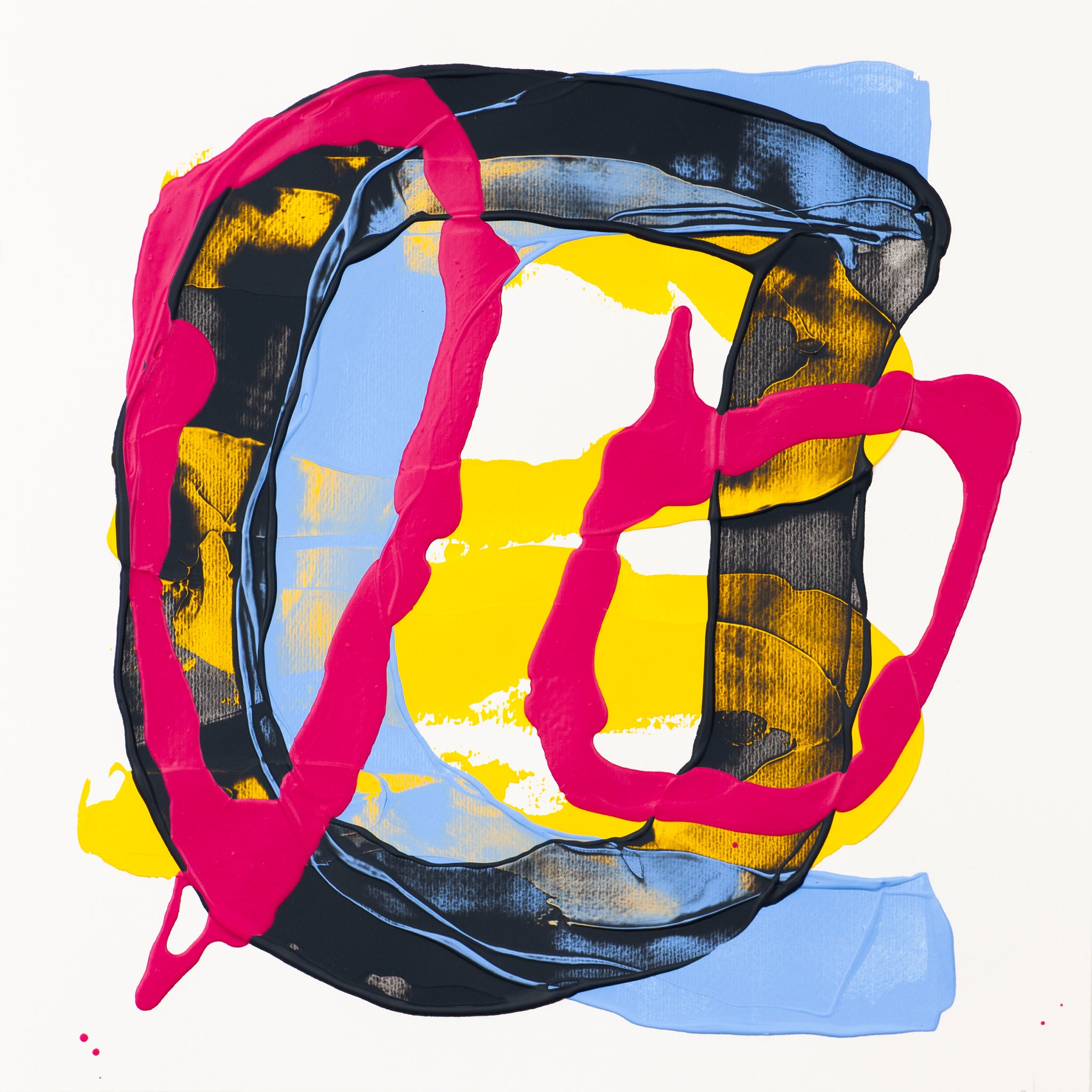 Original abstract painting featuring bold pink linear forms over layered black textures, with blue and yellow on a white background