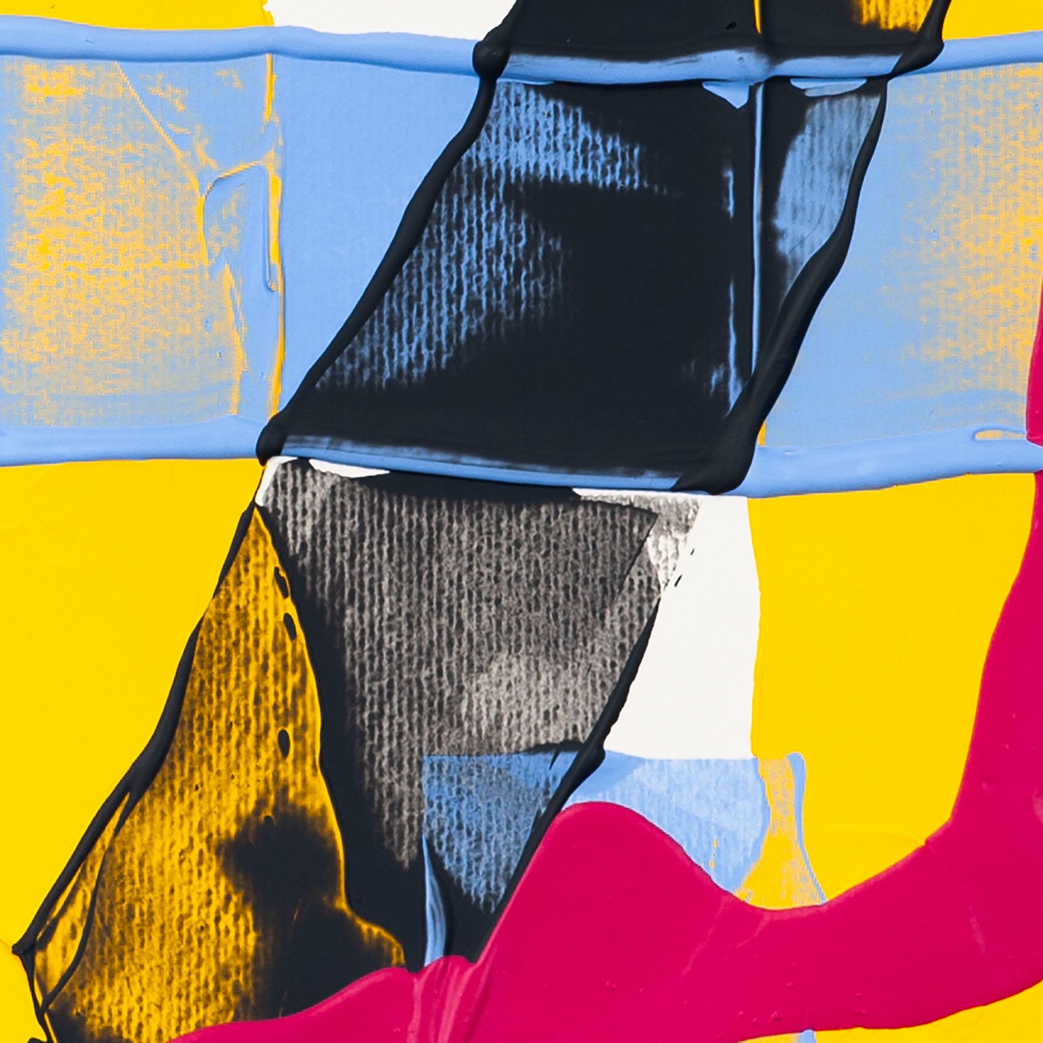 Close-up of abstract painting showing black textured forms intersecting a soft blue horizontal layer with yellow beneath