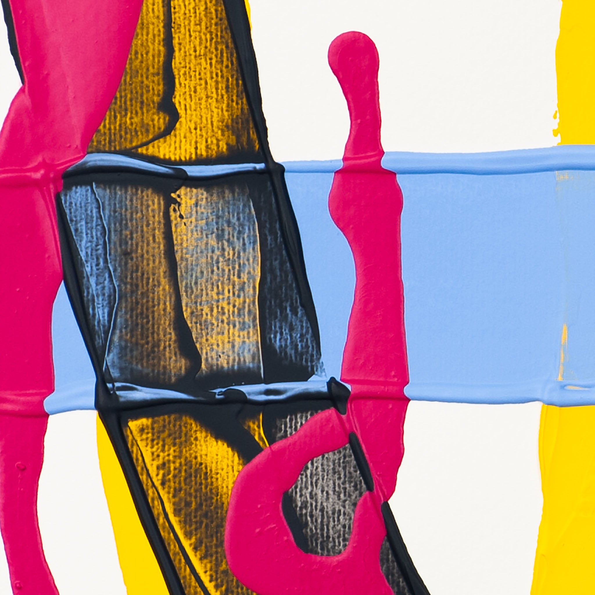 Detail of abstract painting with vertical pink stroke over black textured surface with blue band and yellow background