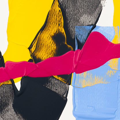 Close-up of abstract painting featuring thick pink paint stroke across black and blue layers with yellow highlights