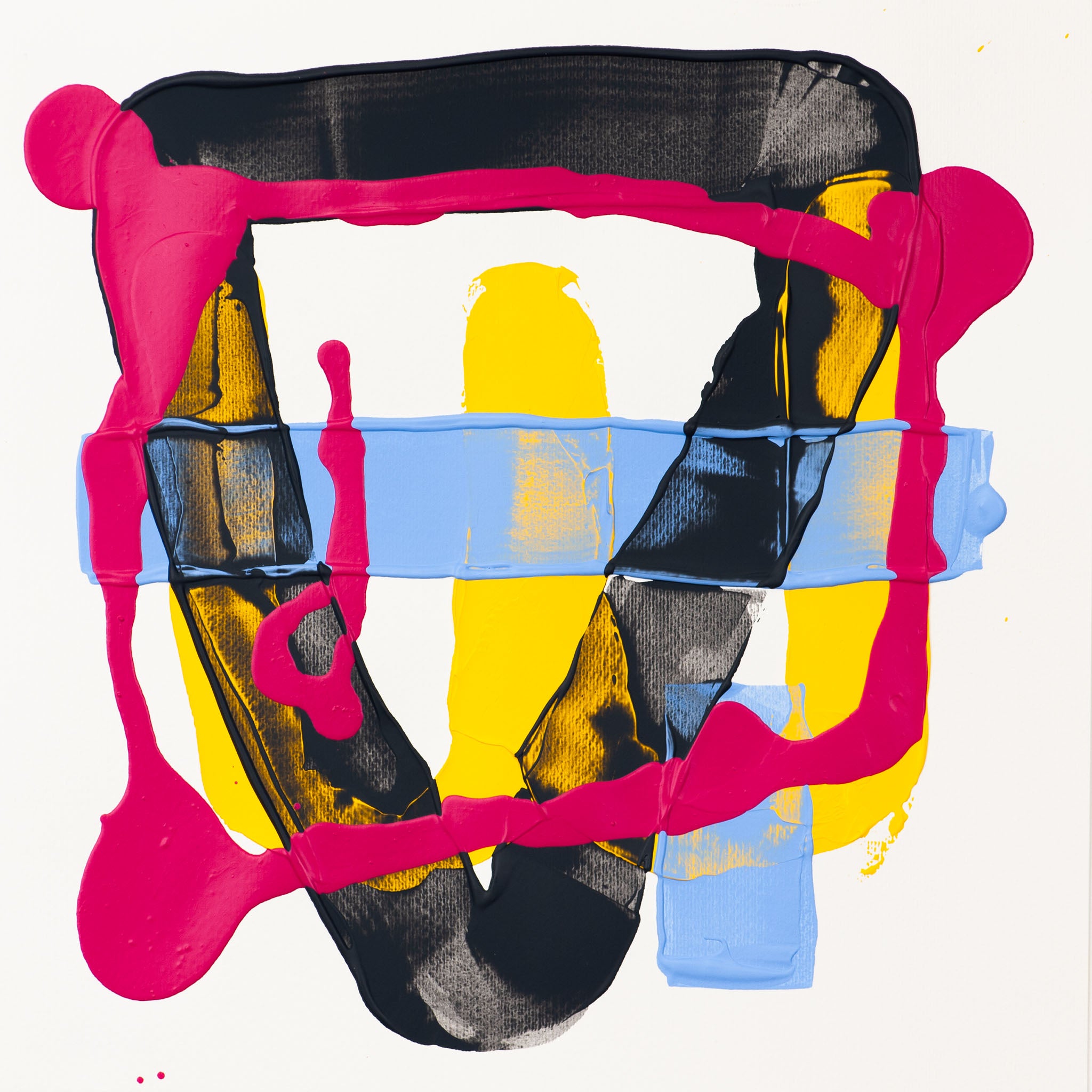 Original abstract painting with bold pink linear structure over layered black forms, with blue horizontal band and yellow on a white background