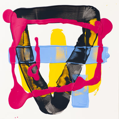 Original abstract painting with bold pink linear structure over layered black forms, with blue horizontal band and yellow on a white background