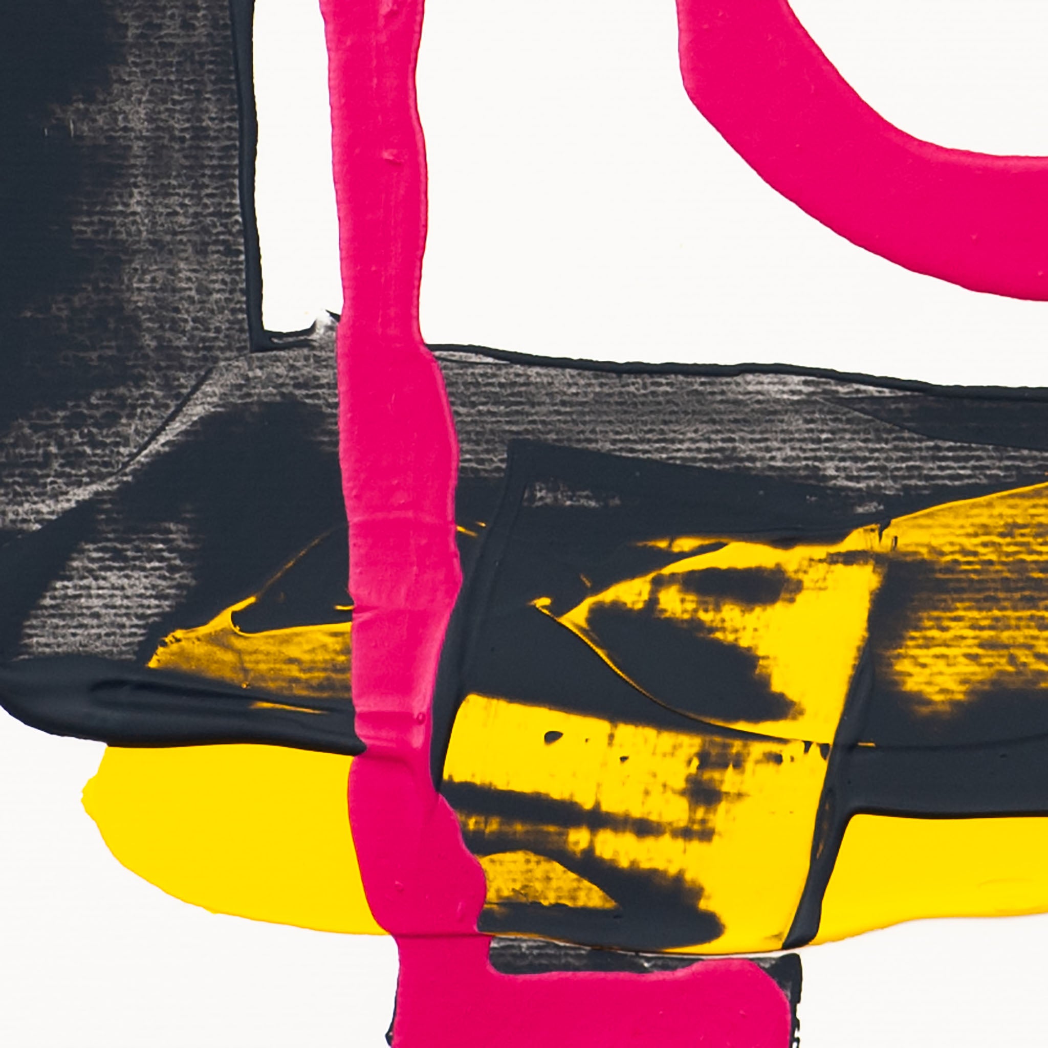 Detail of abstract painting with vertical pink line crossing black textured surface over yellow background