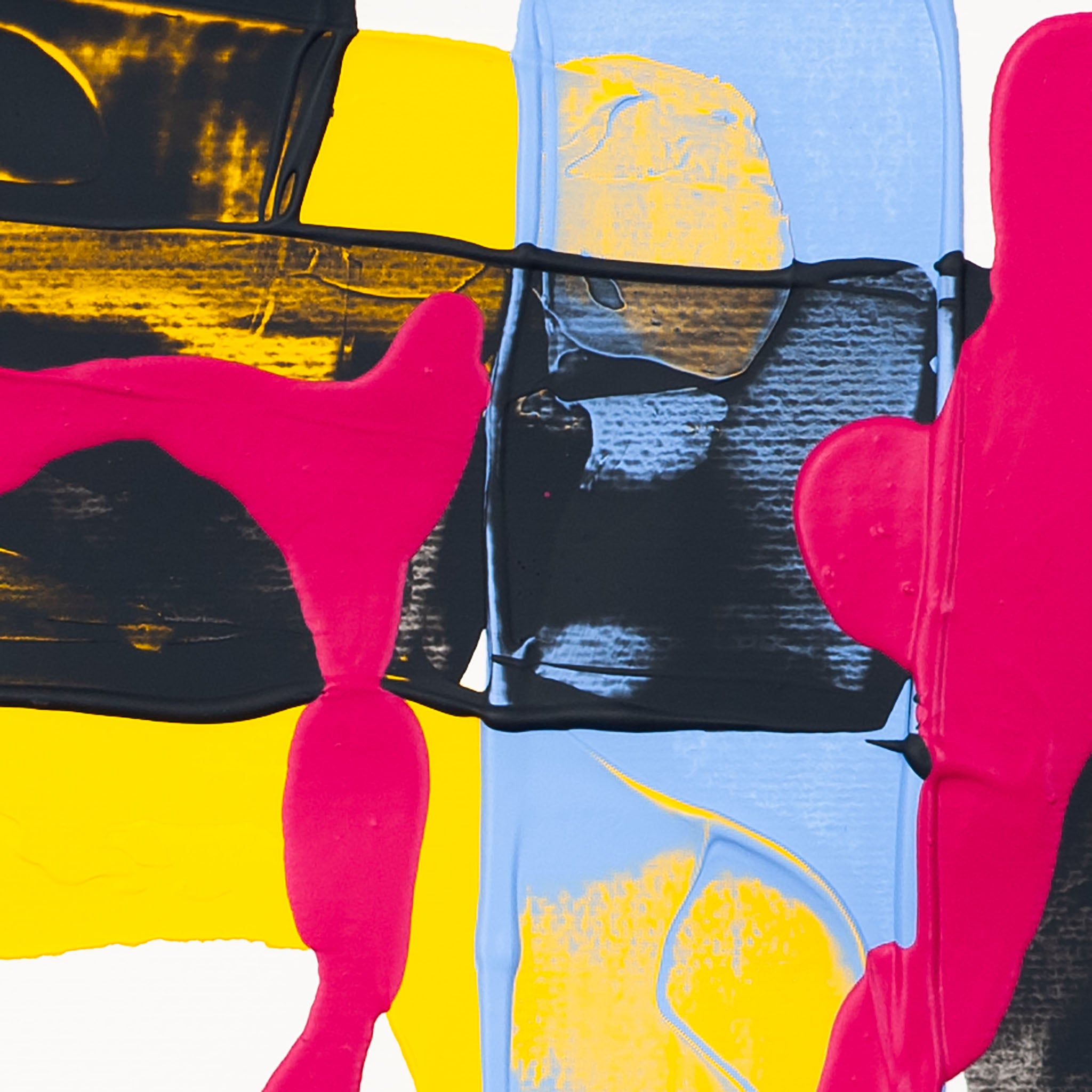Close-up of abstract painting featuring intersecting black and blue layers with pink strokes and yellow highlights