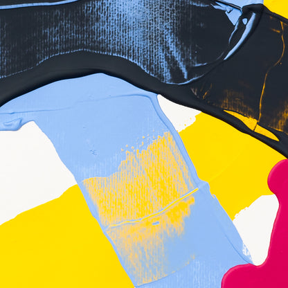Close-up of abstract painting showing light blue painted band over yellow background beneath a curved black textured form