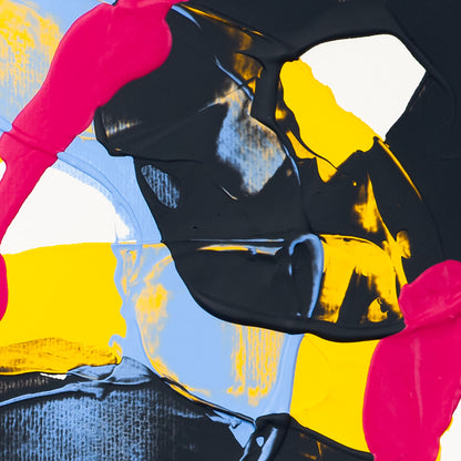 Detail of abstract painting with glossy black shape layered over yellow and blue areas, intersected by pink paint stroke