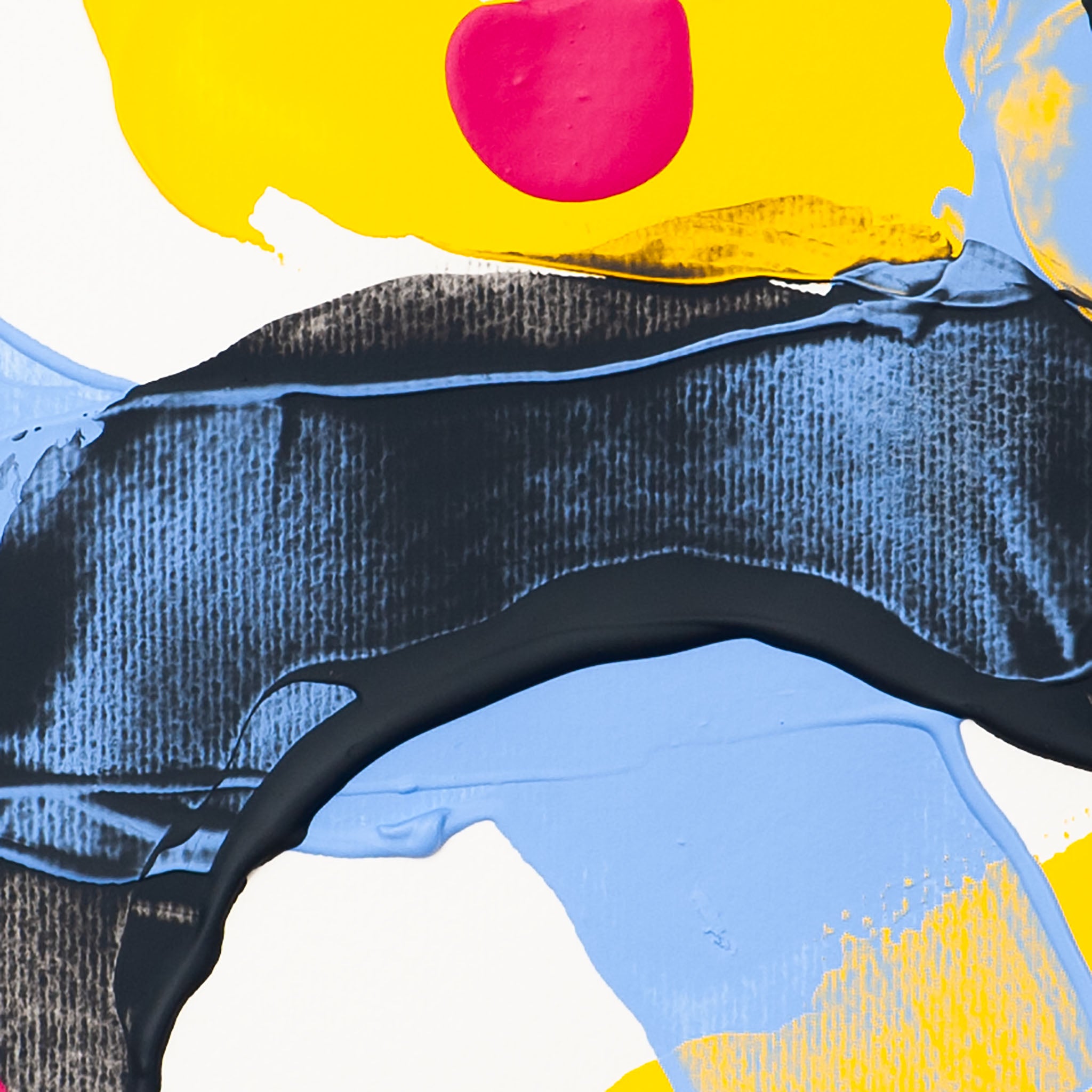Close-up of abstract painting featuring thick black curved stroke over pale blue and yellow layers with visible texture