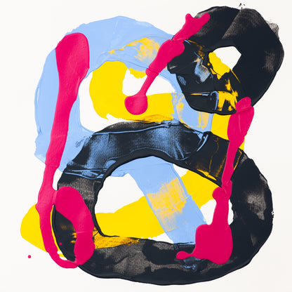 Original abstract painting featuring a looping black form encircling yellow and blue shapes, with pink dripping strokes on a white background
