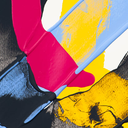 Detail of abstract painting with pink stroke intersecting diagonal blue band over yellow and black layered textures