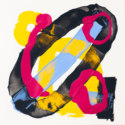 Original abstract painting with looping pink forms over black textured structure, intersected by a diagonal blue band and layered with yellow on a white background