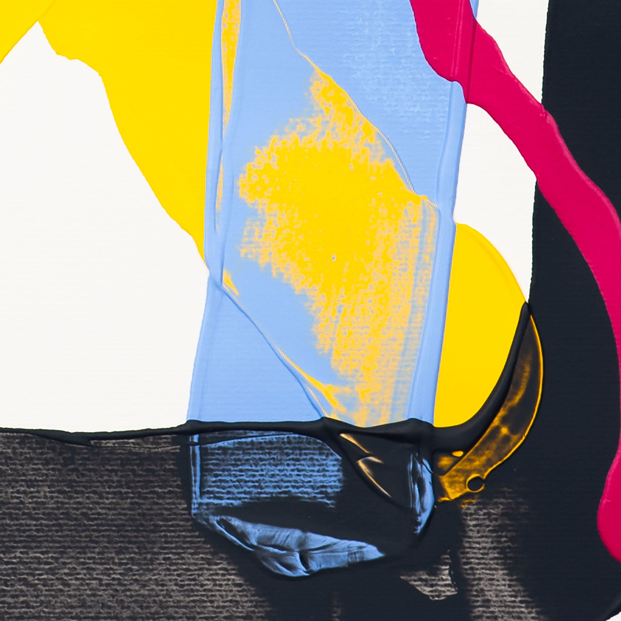 Close-up of abstract painting showing vertical blue band over yellow background intersecting black textured edge with adjacent pink stroke