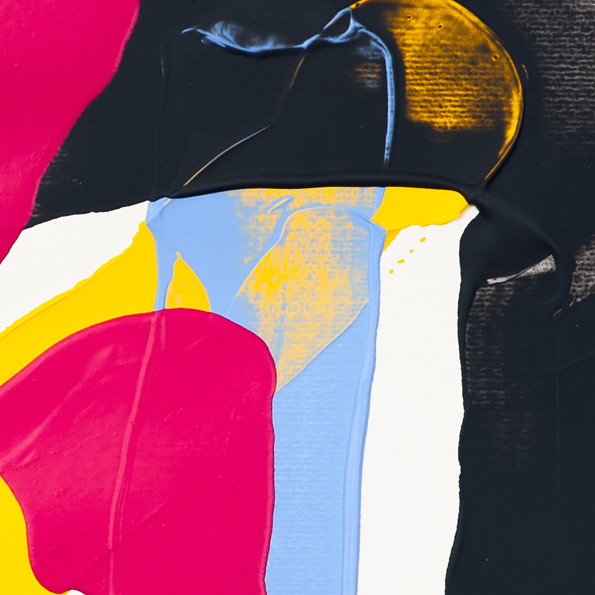 Close-up of abstract painting featuring black textured form with yellow beneath and vertical blue band intersected by pink painted stroke
