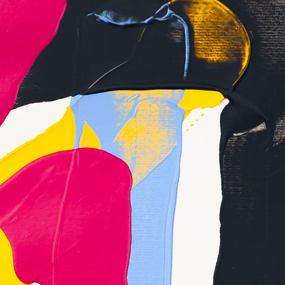 Close-up of abstract painting featuring black textured form with yellow beneath and vertical blue band intersected by pink painted stroke