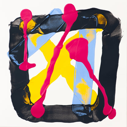 Original abstract painting with bold black rectangular frame intersected by vertical blue band and layered yellow forms, overlaid with pink dripping strokes on a white background