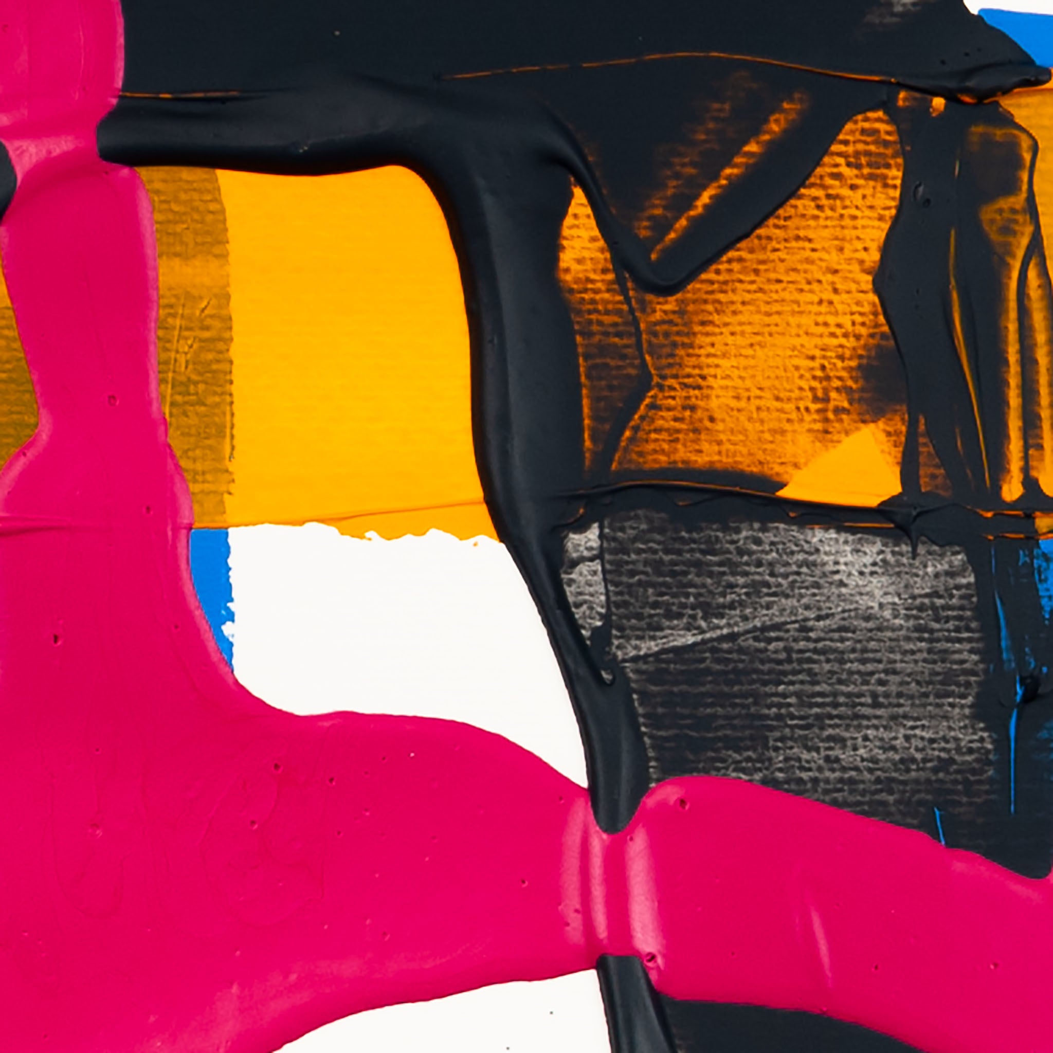 Close-up of matte pink acrylic paint intersecting black layered textures with yellow and blue sections on white paper.